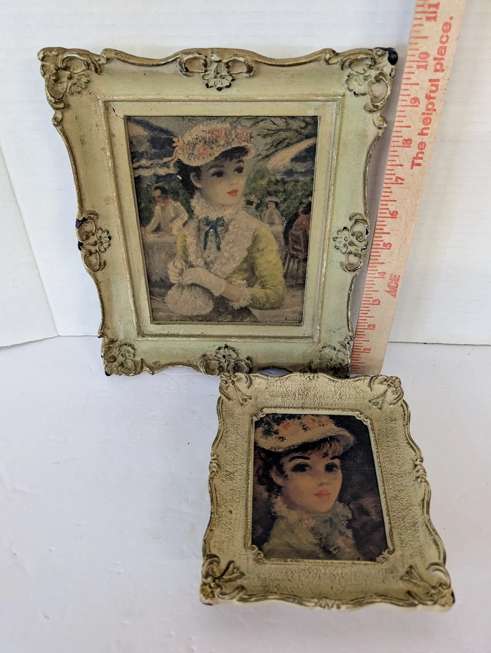 Vintage Framed Maiden With Two Ornate Off White Framed Pictures